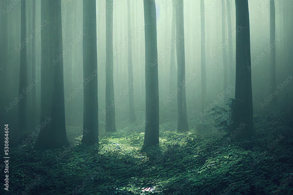 lush green forest with fog Stock Photo | Adobe Stock