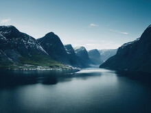 Norwegian Fjords With Clouds And Water