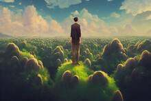 A Man Standing On Top Of A Lush Green Field Digital Art Illustration Painting Hyper Realistic Concept Art