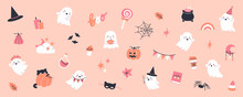 Collection Of Halloween Illustrations With Ghosts, Pumpkins, Bats And Other Traditional Decorations. Vector Banner Design