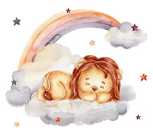 Cute Lion Sleeps On Cloud; Watercolor Hand Drawn Illustration; With White Isolated Background