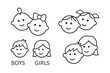 Vector girl and boy icons. Editable stroke. Set of line icons of children. Kids signs toilet changing room. A couple of kindergartners schoolchildren teenagers. Isolated elements on white background