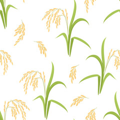 Wall Mural - Rice plant seamless pattern. Botanical background with paddy rice ear with green leaf. Vector cartoon illustration.