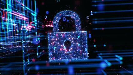 Cyber Security Information Protection Illustration. Abstract Digital Lock Protecting Network Data. Beautiful 3d Animation. Blockchain Crypto Currency Global Cybersecurity Business Concept. 4k UHD.