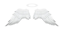 Angels White Feather Wings With Glowing Halo Aureole, Realistic Mockup Vector Illustration Isolated On Grey Background. Heaven Saint Symbol Or Sign Template.