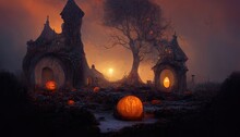 Gloomy Background For Halloween. Landscape With Pumpkins And Neon, Dramatic, Dry Branches, Tree Silhouettes, Scary Night. 3D Illustration	
