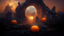 Gloomy Background For Halloween. Landscape With Pumpkins And Neon, Dramatic, Dry Branches, Tree Silhouettes, Scary Night. 3D Illustration	

