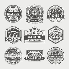 Сasino vintage isolated label set. Poker roulette badge, royal flash logo, vip poker club dealer symbol, lucky casino chip emblem. Games of chance or gambling sign vector illustration collection.