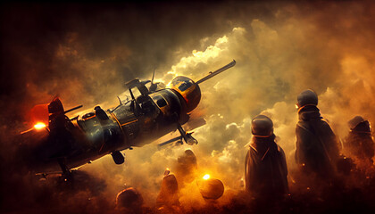 3d illustration of a war on a battlefield with planes, smoke, bombs and soldiers.