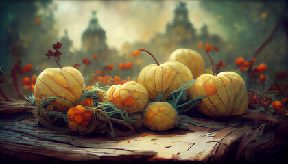 Digital art of abstract pumpkins at Halloween.