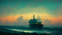 Abandoned Pirate Ship In Middle Of The Ocean Dreamy Sky Painting