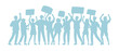 Group of diverse protesting people.  Silhouette of a crowd with placards on backdrop. Angry men and women at a picket, strike. Peaceful demonstration of human rights. Isolated flat vector illustration