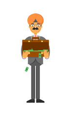 Wall Mural - Indian businessman with open suitcase full of money. Man in business suit and turban, business people vector illustration.