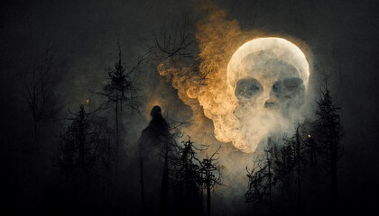 Wall Mural - 3d illustration of a scary figure, a skull emerging from smoke.