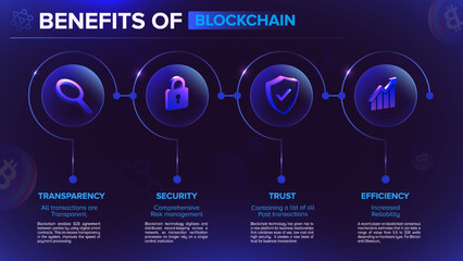 Benefits and workflow of Blockchain and Cryptocurrency technology infographics vector illustration