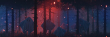 3D Rendering Of Dark Forest With Flying Ghosts Illuminated By Red Light