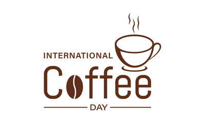 International coffee day calligraphy design with coffee beans and mug. Vector template for banner, greeting card, poster with background. Vector illustration.