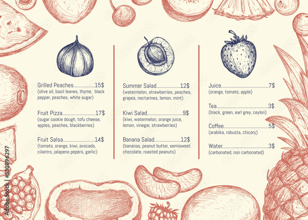 Vegan restaurant menu hand drawn design with fruits pencil sketches ...