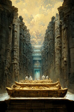 Ancient Temple With Gold Sarcophagus. Serene And Tranquil Digital Painting.