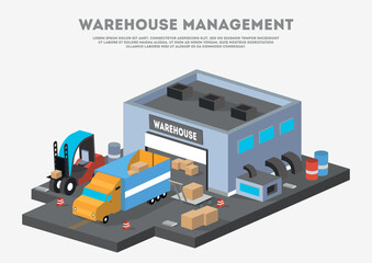 Warehouse management isometric business banner. Goods distribution, loading in storage vector illustration with truck. Commercial freight service, shipping company, cargo delivery and logistics