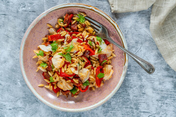 Poster - Cod, chorizo and orzo pasta with roasted red peppers