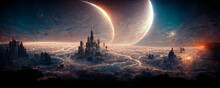 Futuristic Landscape Of Mountains Above The Clouds With Planets In Background. Science Fiction Digital Art Illustration.