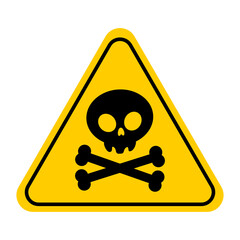 Danger, toxic sign skull icon isolated on white background. Warning skull symbol. Death attention, toxic poison yellow triangle element design. Vector illustration