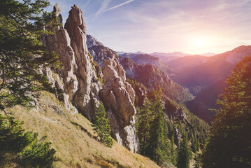 view of wild rocky mountains, high cliffs in ammergau alps near schwangau. hiking and climbing on th