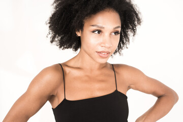 Wall Mural - Woman smiling portrait of clean skin in studio on white background