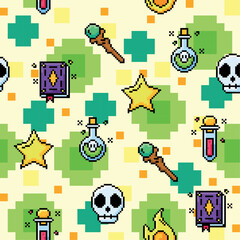 Sticker - Videogame seamless pattern background with magic icons Vector