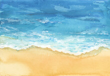 Sea Wave Water And Sand. Art Abstract Watercolor And Acrylic Flow Blot Smear Painting. Color Canvas Texture Background.