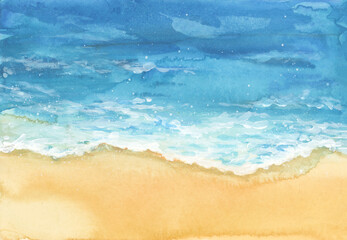  Sea wave water and sand. Art Abstract Watercolor and acrylic flow blot smear painting. Color canvas texture background.