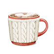 Watercolor vintage red Christmas mug with hot drink, knitted pattern and marshmallow isolated on white background. Hand drawn illustration sketch