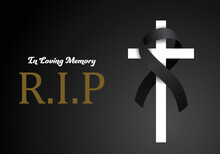 Funeral Card Vector Template. Black Ribbon On White Cross. Obituary Memorial, Gravestone Funeral Card Design. Golden Text RIP On Black Background. Vector Illustration