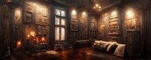 Very Old Victorian Mansion Living Room Interior Mockup With Retro Fireplace
