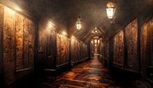 Victorian Mansion Hallway With Cozy Lights And Lamps And Wooden Corridor