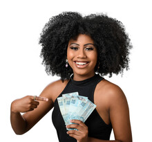 Woman Holding Money, Young Smiling Woman Holding Brazilian Money