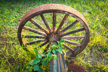 19th C Wooden Wagon Wheel With Rusted Iron Tire