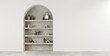 © Hanna - Round arch built-in shelf open wall shelve on plastered walls, open shelves with decorative old vases, candlesticks, sculptures. Vases in Balinese style.  3d render