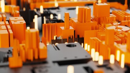 Black-orange futuristic circuit technology with orange LED point light. Concept 3D CG of hi-tech digital data connection system, computer electronic design and Sci-Fi Landscape.