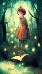 Childrens book illustration style of a young girl reading a story book in a fairy tale land