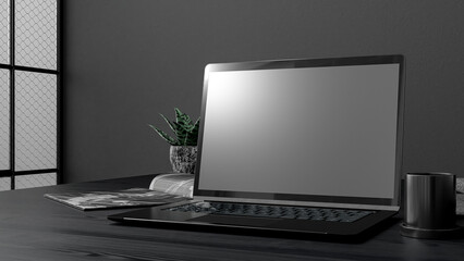 Wall Mural - Laptop Mock-Up black color on work desk with notebook and cup coffee. Designed in dark tone. Can be used in education or business background. 3d render.