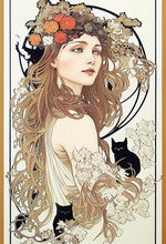 Vintage Nouveau Illustration Of A Beautiful Woman With Small Black Animals