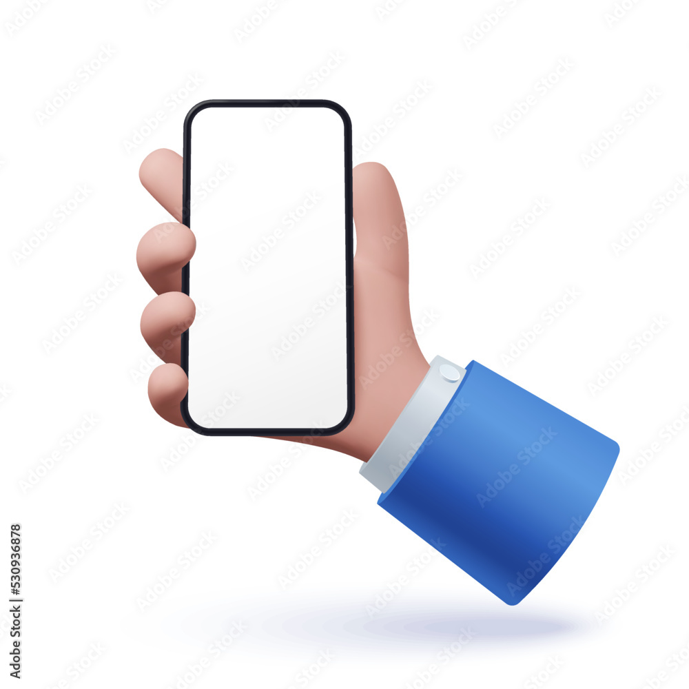 3D hand holding smartphone with blank screen. Human hand with gadget ...