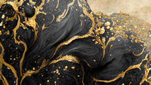 Spectacular Realistic Abstract Backdrop Of A Whirlpool Of Black And Gold. Digital Art 3D Illustration. Mable With Liquid Texture Like Turbulent Waves Background.