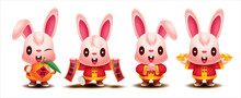 Chinese New Year Rabbit 2023. Collection Set Of Cute Rabbit Cartoon Character Holding Festive Element Gold, Chinese Scroll And Tangerine Orange