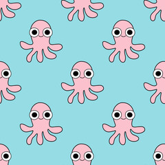 Wall Mural - Cute pink little octopuses on water seamless pattern vector. Funny hand-drawn kawaii octopuses regular seamless pattern. Simple pastel colored surface design with little pink devilfishes on blue