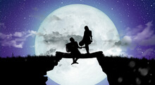 Silhouette At Night Landscape Of Couple Or Lover Dancing And Singing On The Mountain With Milky Way Background Over The Full Moon.