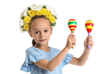 Cute Mexican girl with floral wreath and maracas on white background