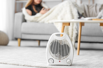 Electric fan heater on carpet in living room